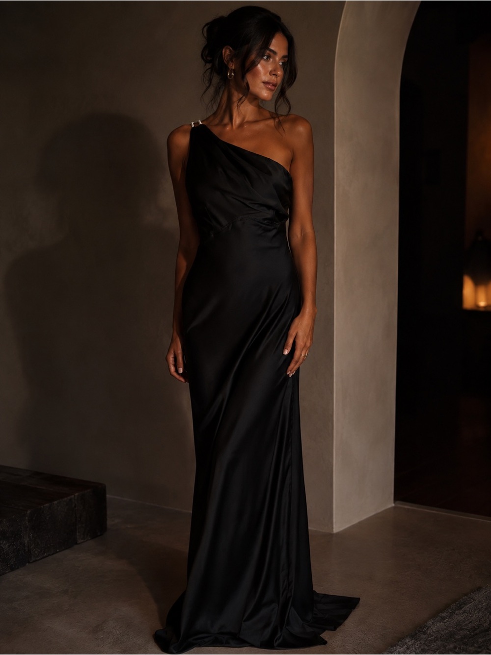 Olia Black Satin One Shoulder Maxi Gown Dress Size L NWT